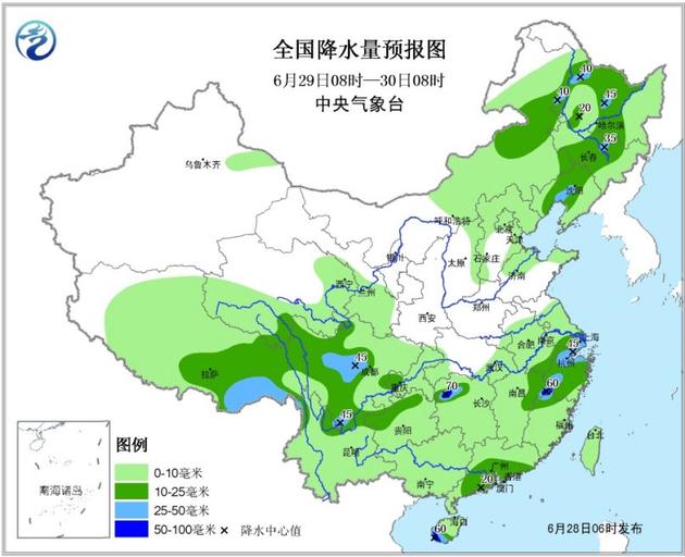 图2 全国降水量预报图（6月29日08时—30日08时）