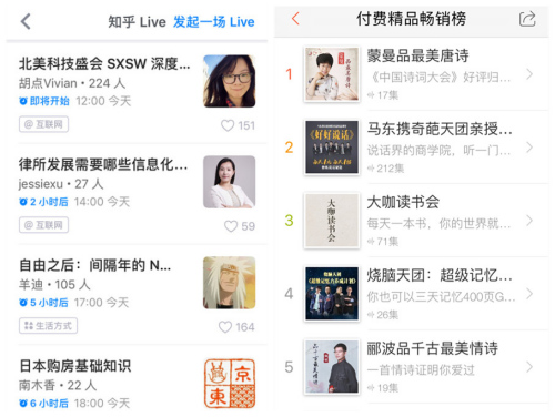 知乎live(左)和喜马拉雅FM界面截图。